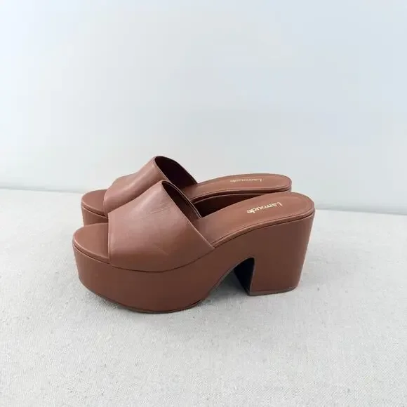 Larroude Miso Leather Slip On Block Heel Platform Sandals Caramel Women's US 7.5 - Picture 3 of 8